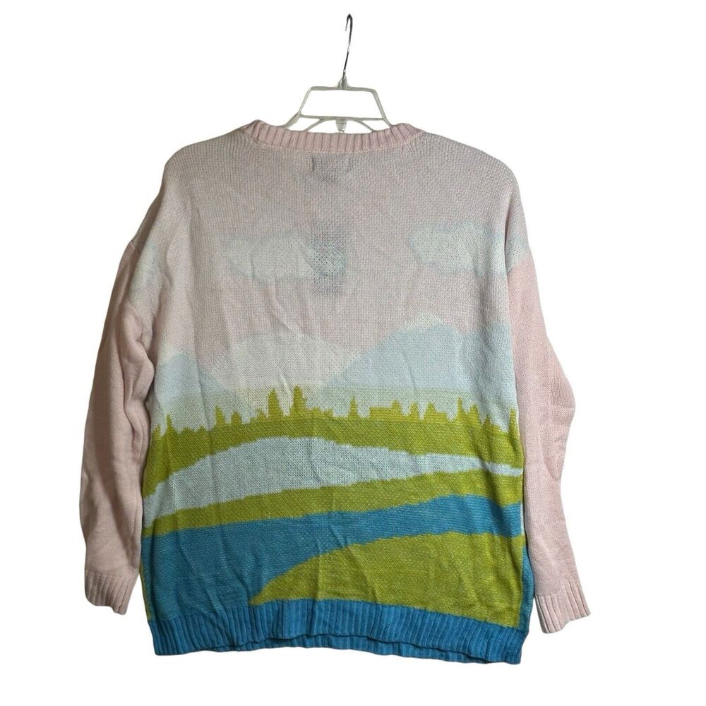 Just Polly New York Women's Medium Sweater Lake Cloud Scene Pink Blue NEW - Picture 5 of 9